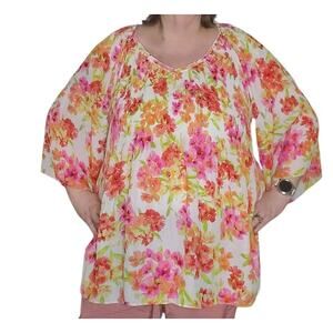 Floral & Ivy Boho Floral Blouse 1X Flowy Oversized Bell Sleeve Top Fairy